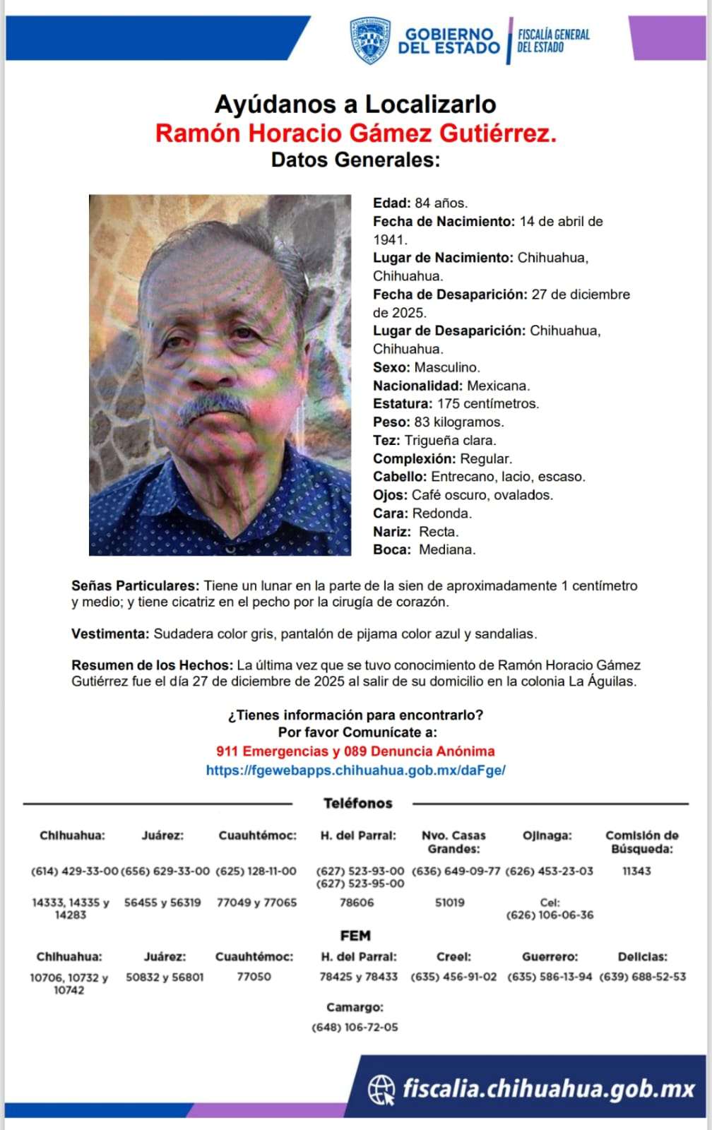 Piden ayuda para localizar a adulto mayor desaparecido en Las Águilas