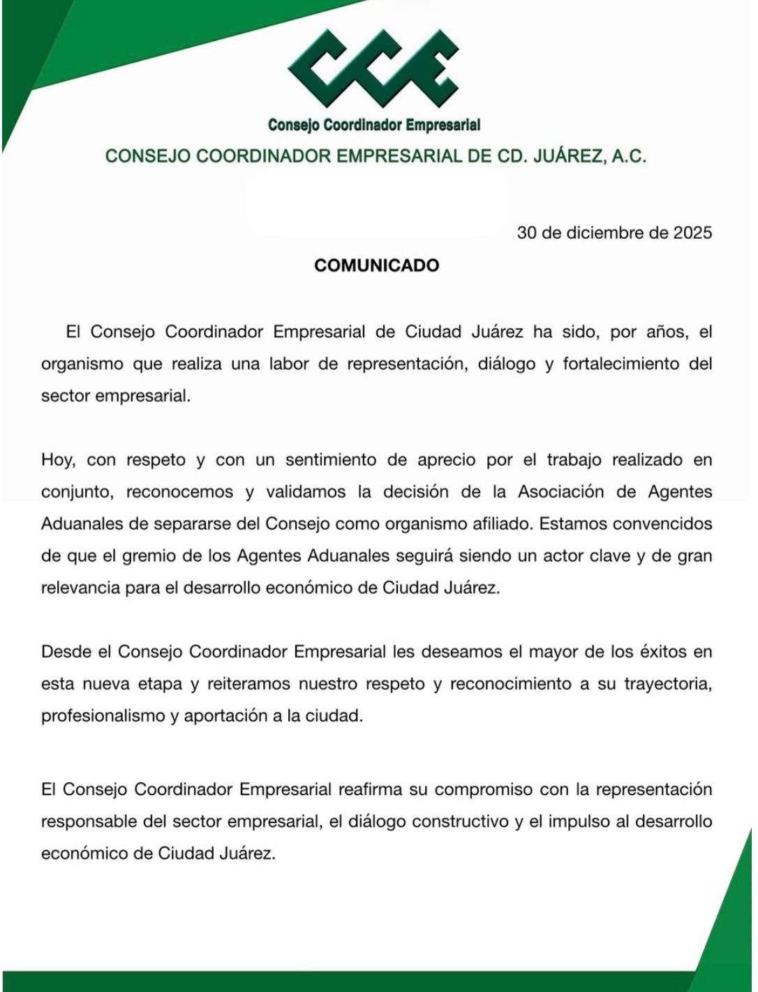 Reconoce CCE salida de la AAA y reafirma compromiso con el sector empresarial