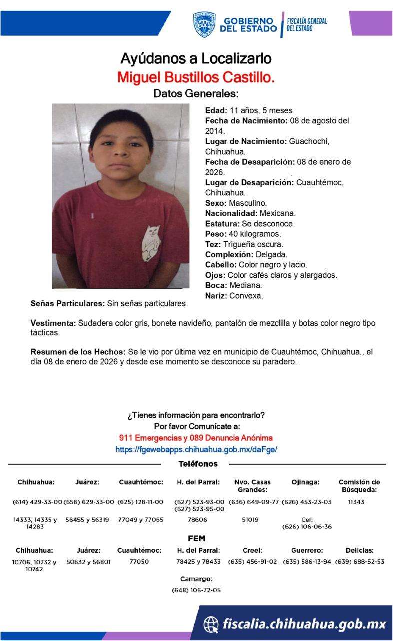 Piden ayuda para encontrar a niño desaparecido en Cuauhtémoc