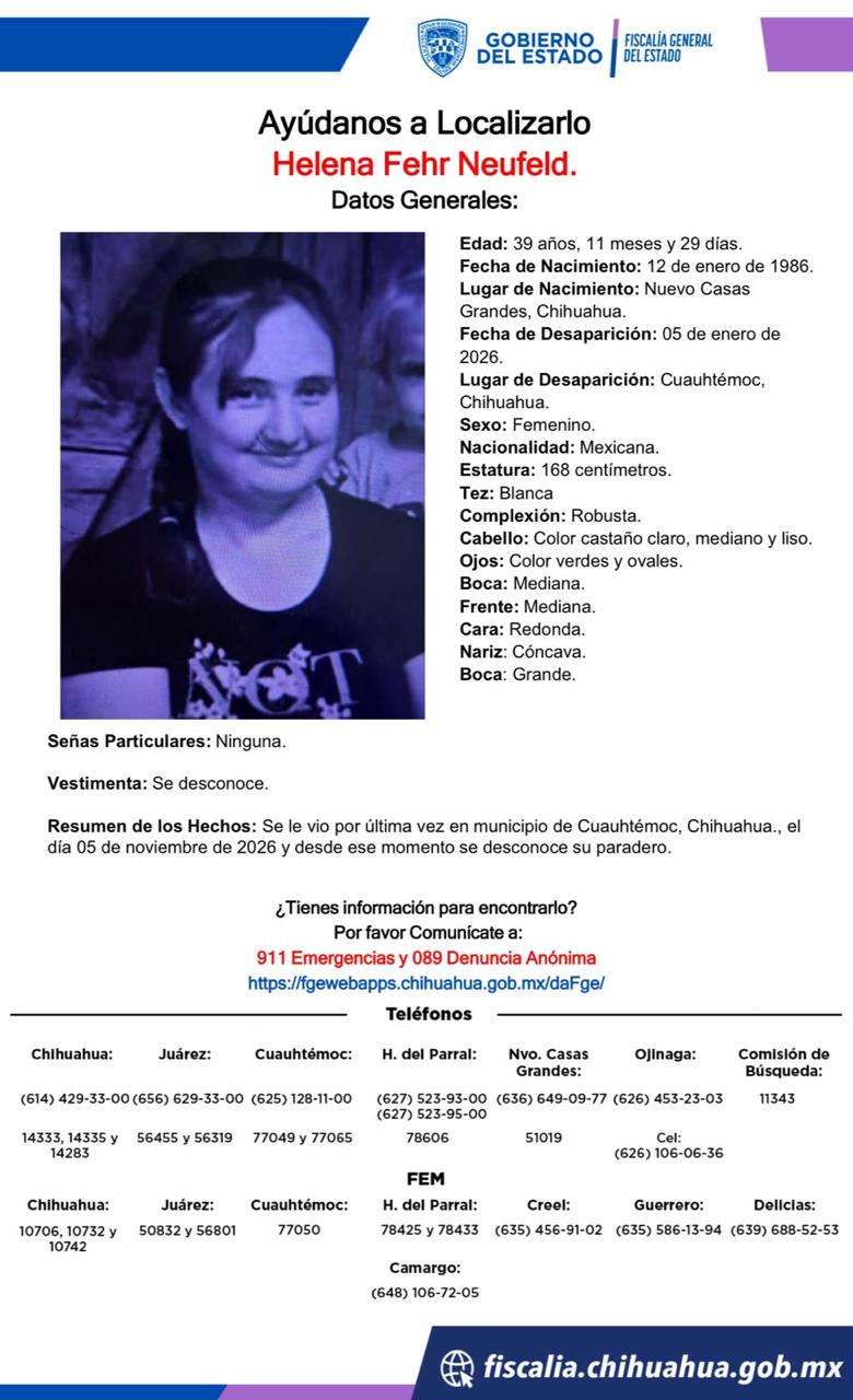 Piden ayuda para encontrar a mujer desaparecida en Cuauhtémoc