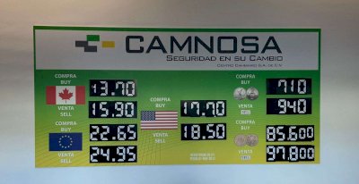 Sigue el dólar a $18.50 en casa de cambio Camnosa