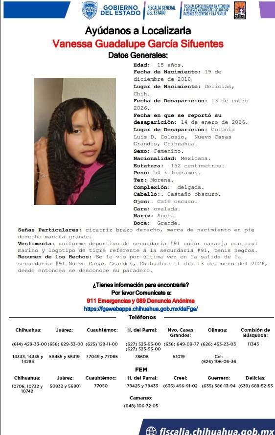 Buscan a jovencita desaparecida en Nuevo Casas Grandes