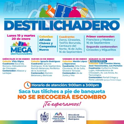 Llega Destilichadero a nueve colonias del 19 al 24 de enero