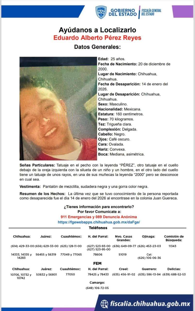 Desaparece joven en la colonia Juan Guereca