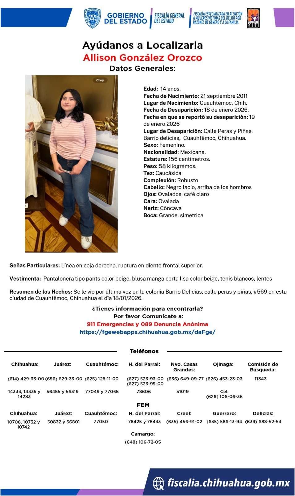 Desaparece jovencita de 14 años en Cuauhtémoc