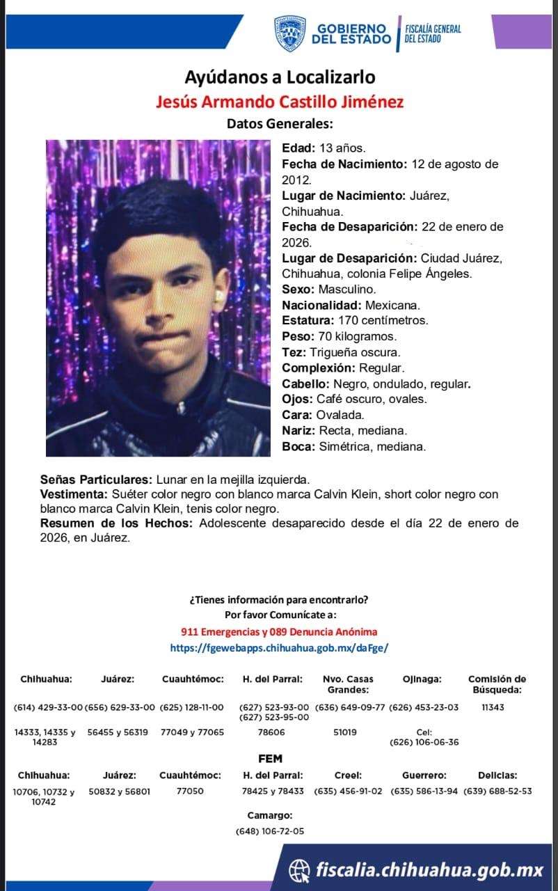Buscan a menor de 13 años desaparecido en la colonia Felipe Ángeles 