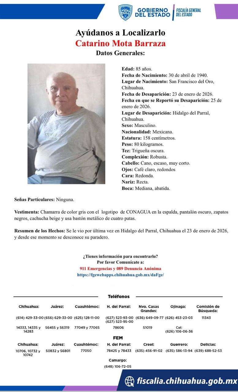 Piden ayuda para localizar a adulto mayor desaparecido en Parral