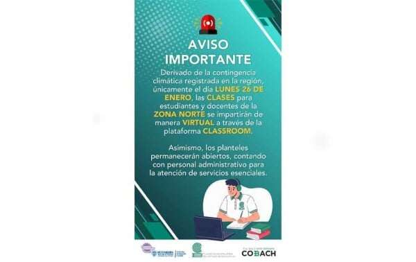 Anuncia Cobach clases virtuales para este lunes por condición climática 