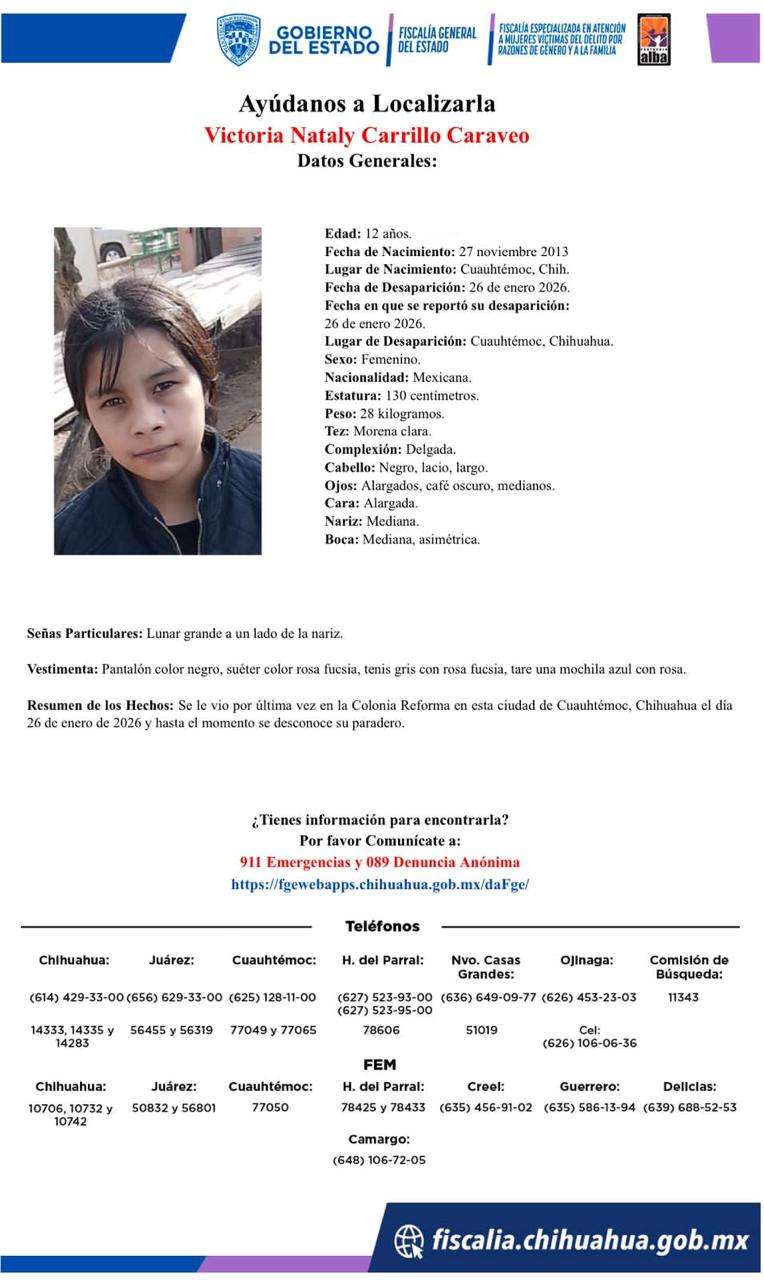 Piden ayuda para encontrar a niña de 12 años desaparecida