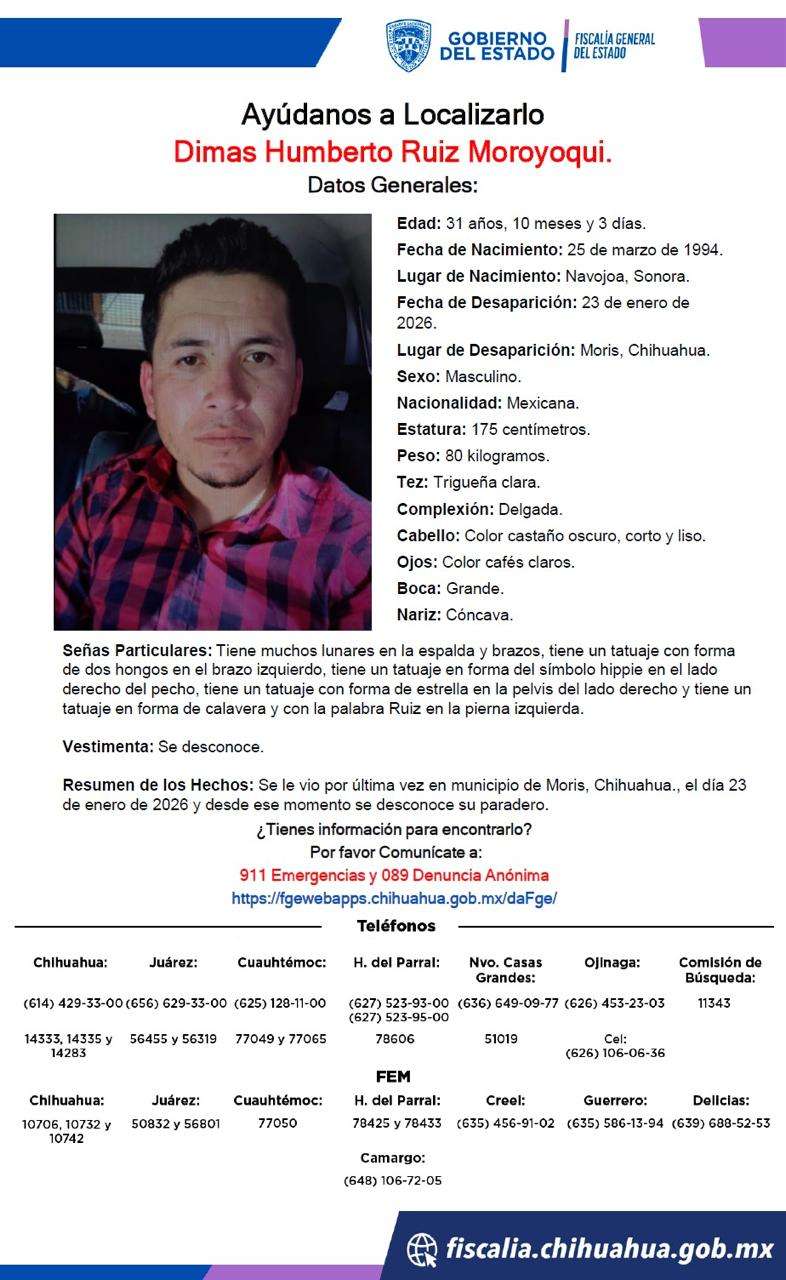 Buscan a joven desaparecido en Moris