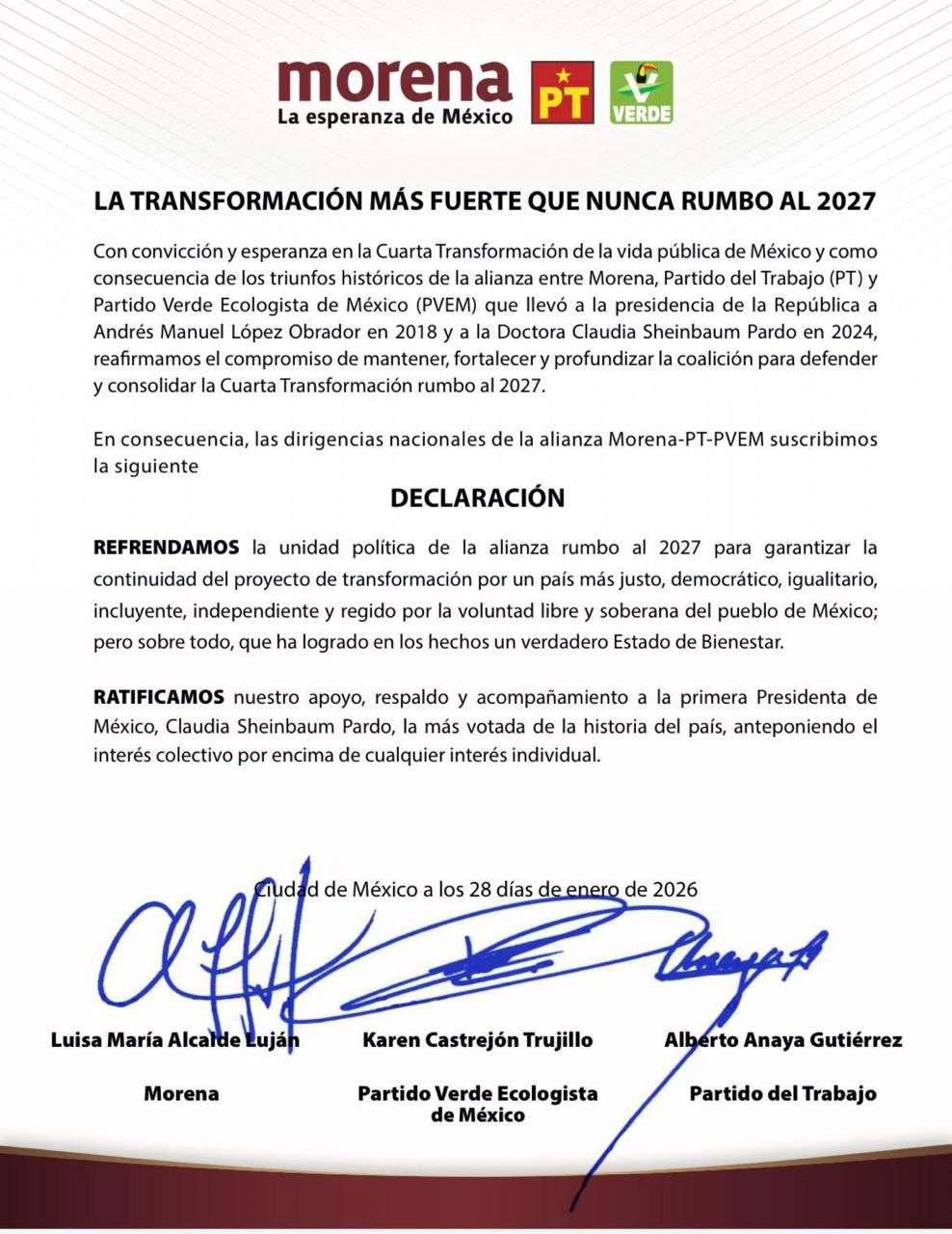 Refrenda Morena, PT y PVEM alianza rumbo a 2027 