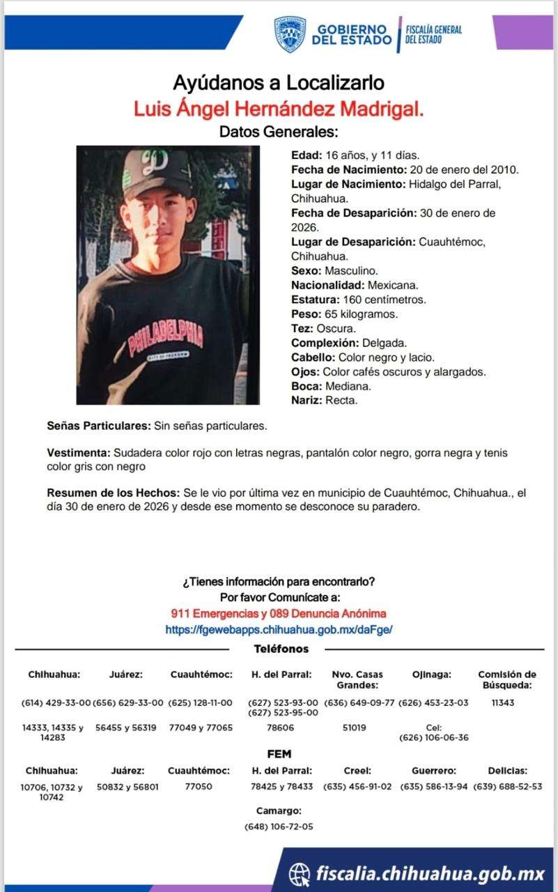 Solicitan apoyo para localizar a menor desaparecido en Cuauhtémoc