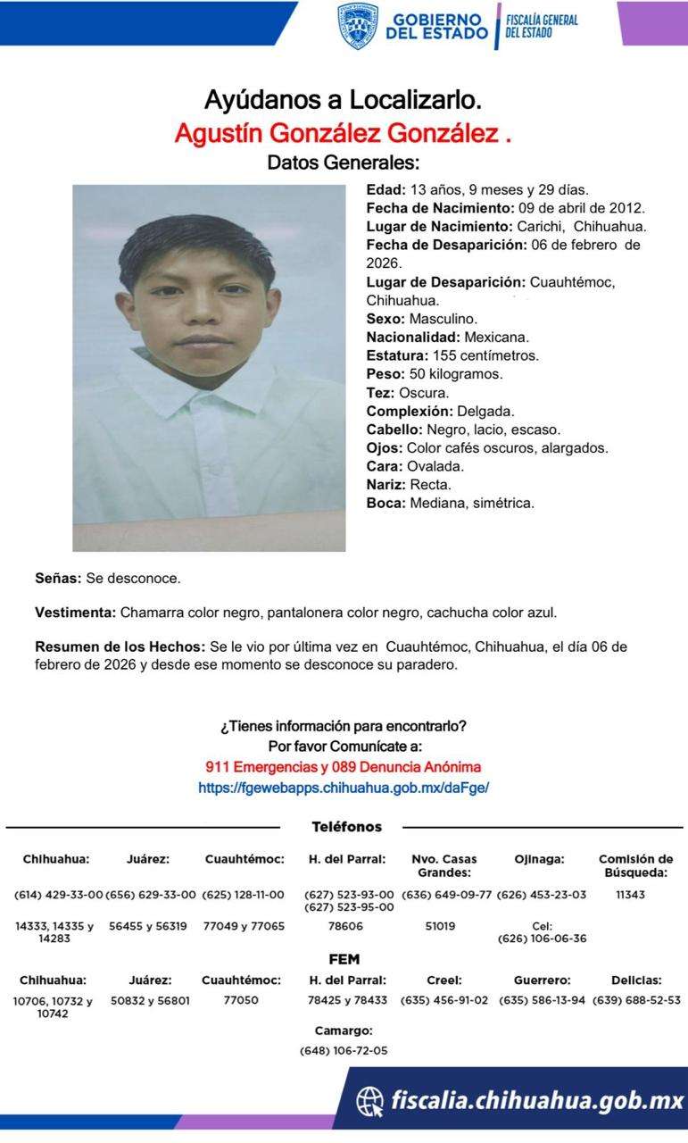 Piden apoyo para localizar a menor desaparecido en Cuauhtémoc