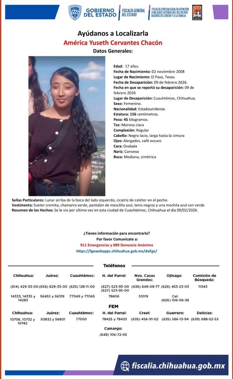 Piden ayuda para encontrar a jovencita perdida en Cuauhtémoc 