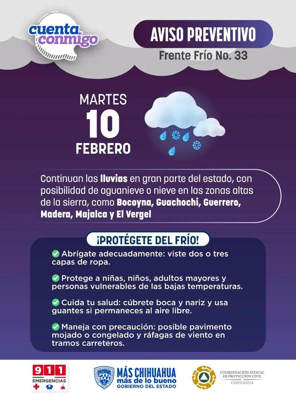 Activa Frente Frío 33 aviso preventivo por lluvias y posible nieve en el estado