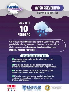 Activa Frente Frío 33 aviso preventivo por lluvias y posible nieve en el estado