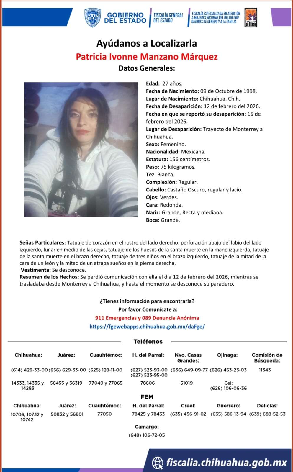 Desaparece mujer cuando viajaba de Monterrey a Chihuahua 