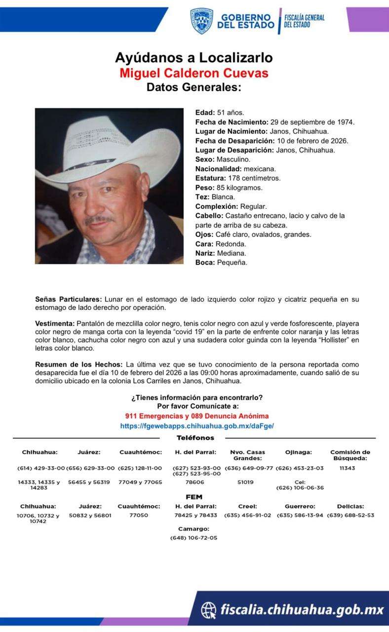 Jefe de la policía de Janos tiene 6 días desaparecido