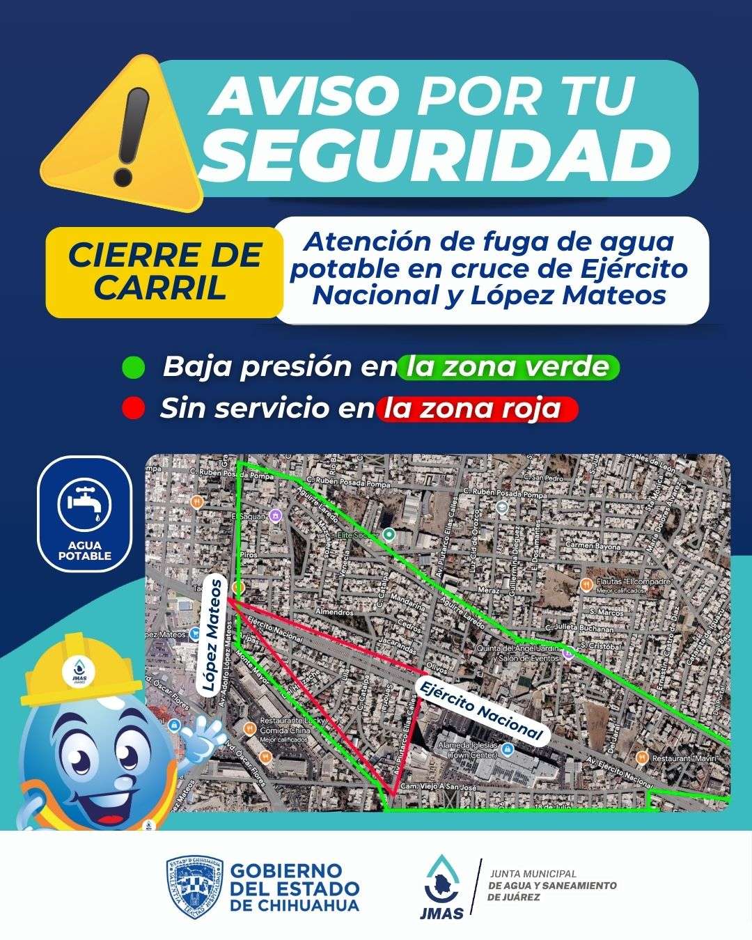 Reparará JMAS fuga de agua en avenida Ejército Nacional y López Mateos