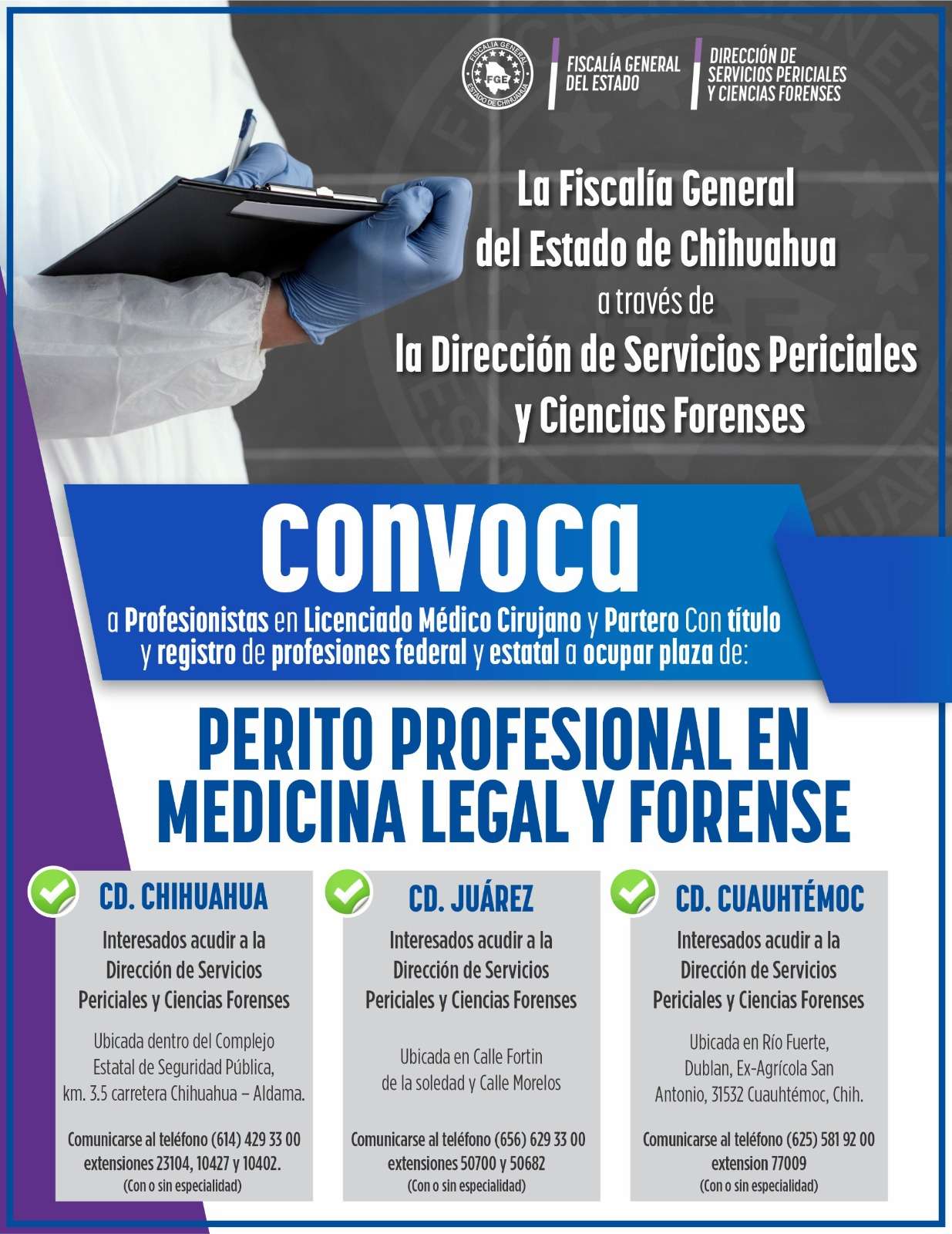 Abre FGE vacantes para peritos profesionales en medicina legal y forense
