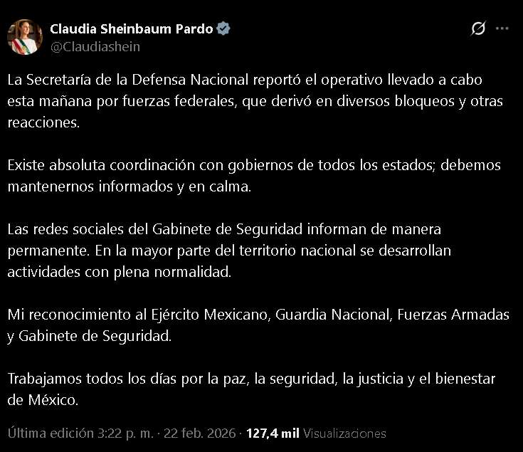 Llama Sheinbaum a la calma tras bloqueos por muerte de El Mencho