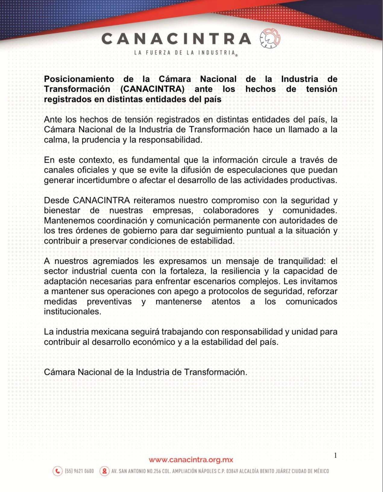 Llama Canacintra a la calma ante hechos violentos en el país