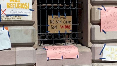 Pegan activistas pancartas exigiendo mejor trato animal en refugios