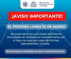 Anuncian cierre temporal de cajas de Tesorería y servicios en línea