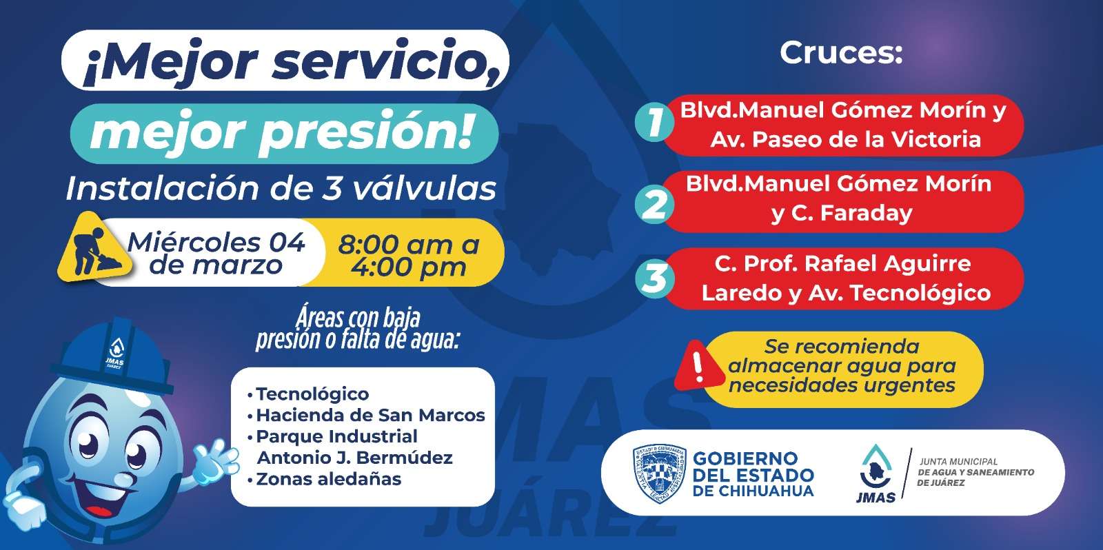 Suspenderá JMAS dos sectores este miércoles