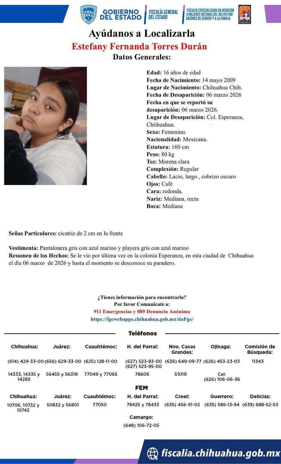 Desaparece jovencita de 16 años en la colonia Esperanza 