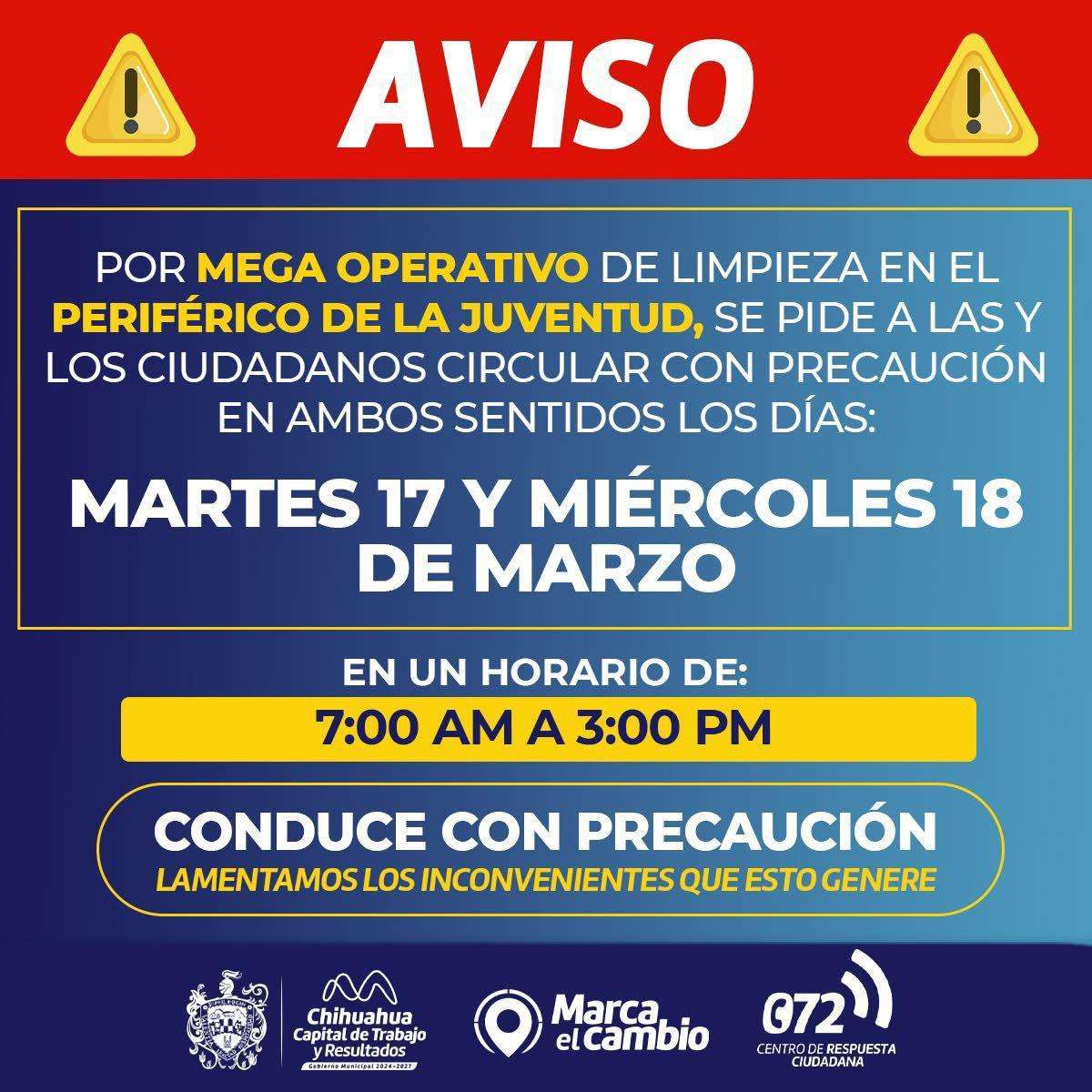 Realizarán operativo de limpieza en el Perijuv; conduce con precaución