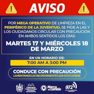 Realizarán operativo de limpieza en el Perijuv; conduce con precaución