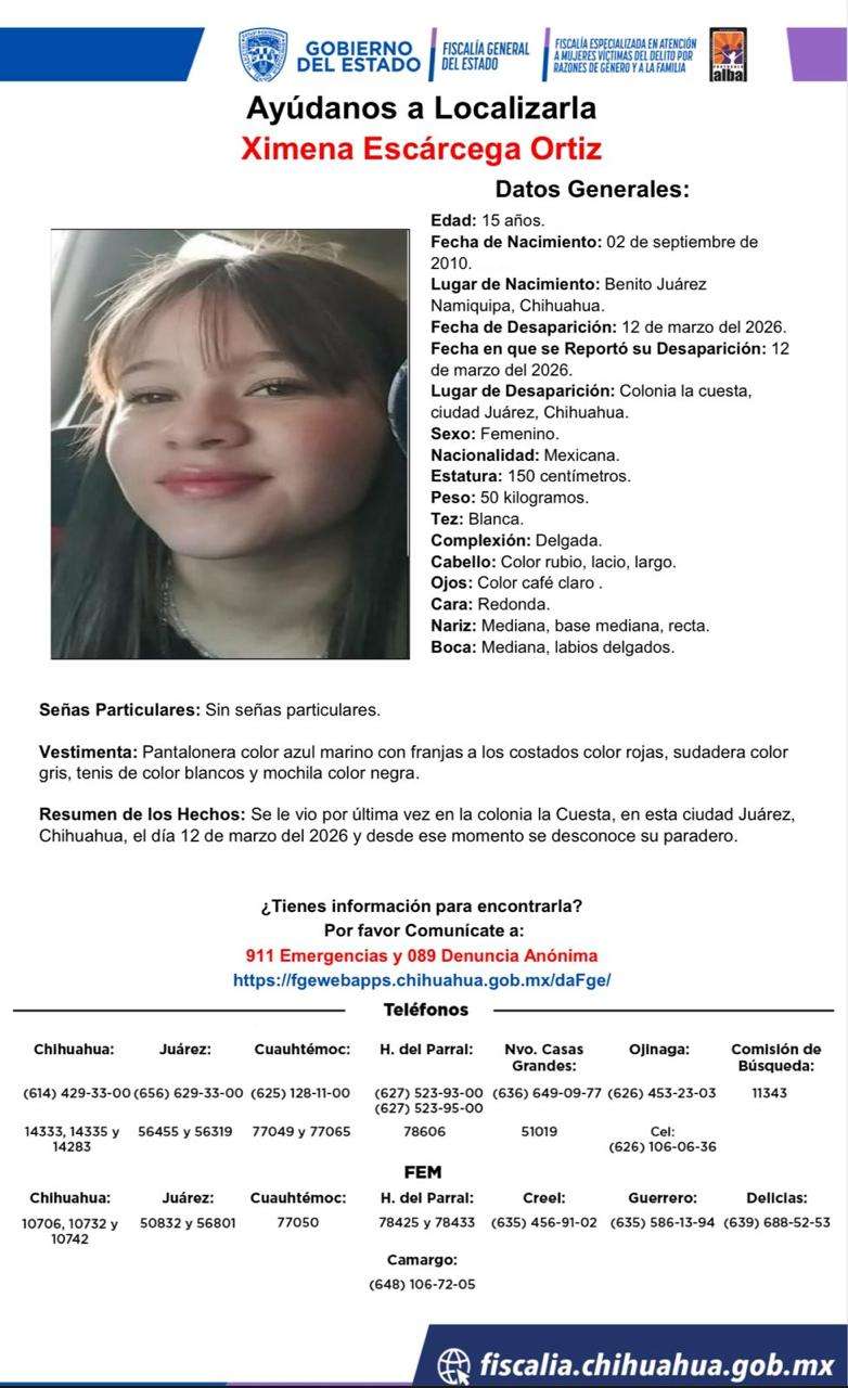 Buscan a adolescente desaparecida en La Cuesta