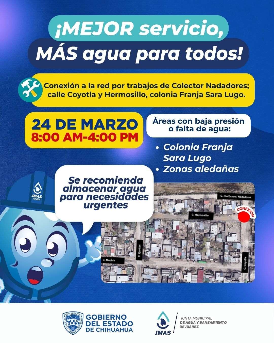 Alertan por corte de servicio mañana en Franja Sara Lugo 