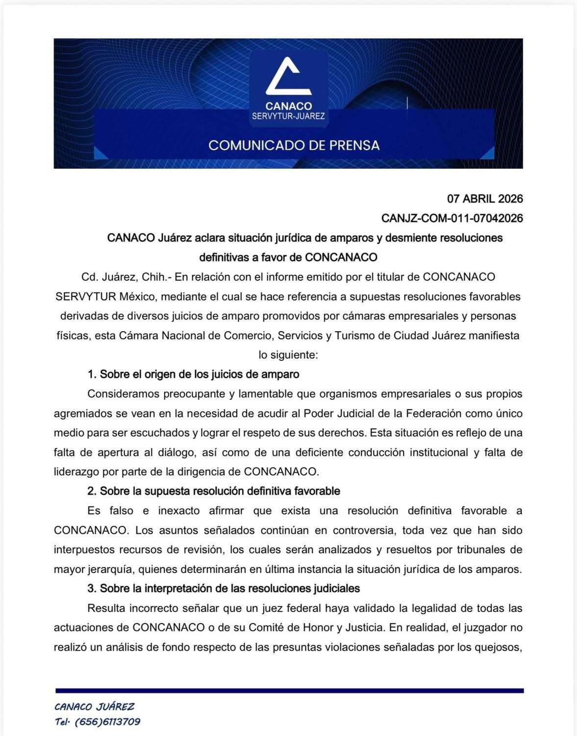 Aclara CANACO situación jurídica de amparos y rechaza resoluciones definitivas a favor de CONCANACO