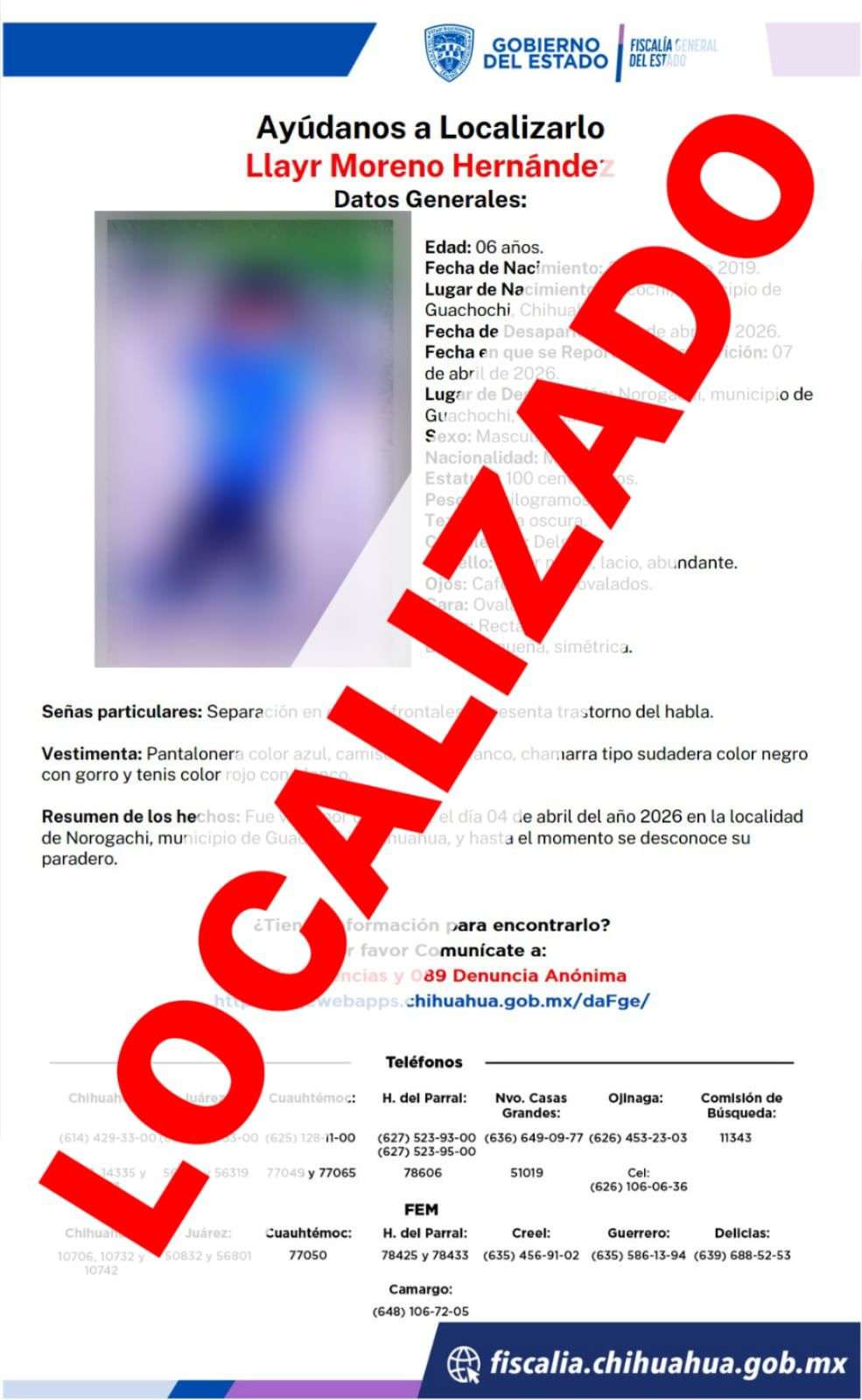 Localizan a menor con reporte de extravío en Guachochi