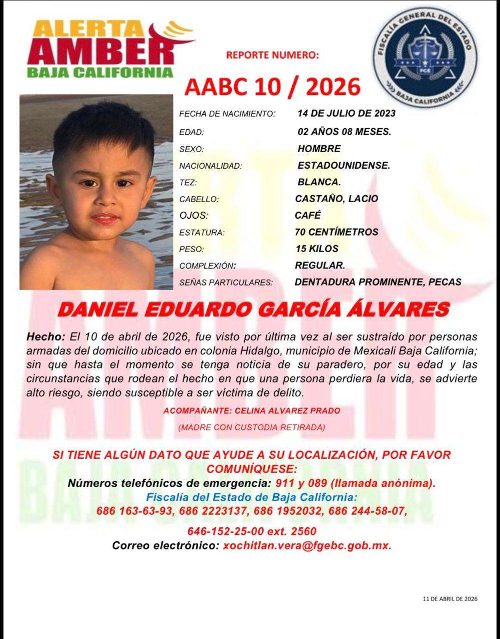 Activan Alerta Amber por Daniel Eduardo; fue sustraído en Mexicali