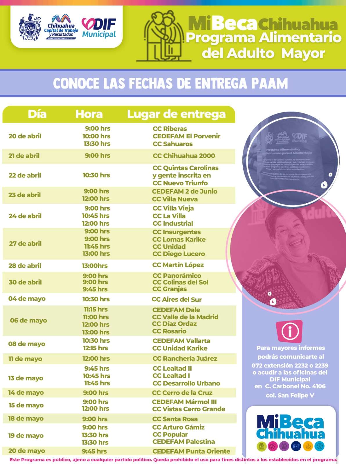 Informan calendario del Programa Alimentario del Adulto Mayor