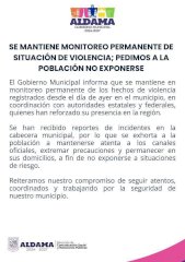 Refuerzan vigilancia en Aldama ante ola de violencia; piden no salir de casa