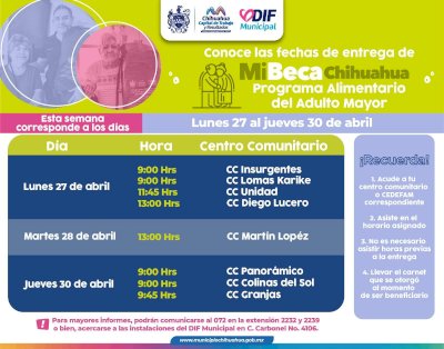 Informan horarios y puntos de entrega del Programa Alimentario del Adulto Mayor