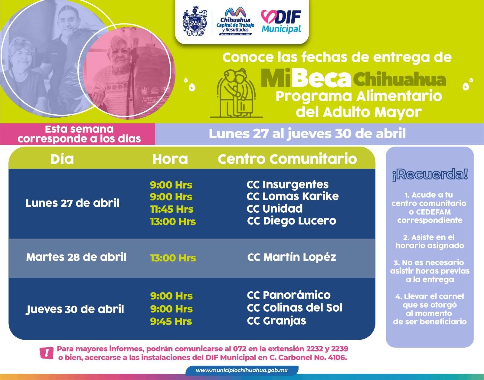 Informan horarios y puntos de entrega del Programa Alimentario del Adulto Mayor