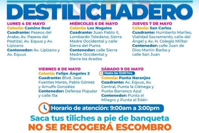 Estará Destilichadero en 5 colonias del 4 al 9 de mayo