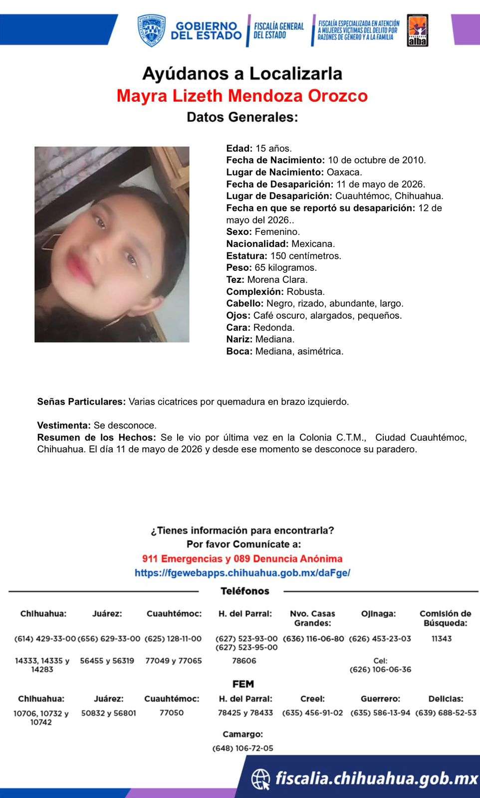 Buscan a jovencita desaparecida en Cuauhtémoc
