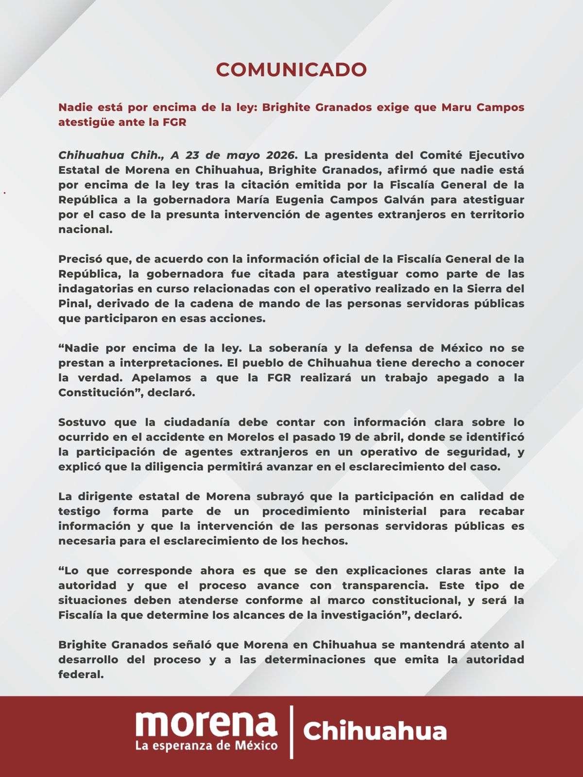 Exige Morena a Maru Campos dar explicaciones claras ante la FGR