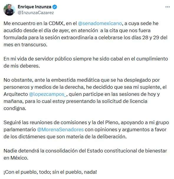 Solicita Inzunza licencia para ausentarse del Senado