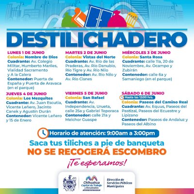 Estará Destilichadero en seis colonias durante primera semana de junio