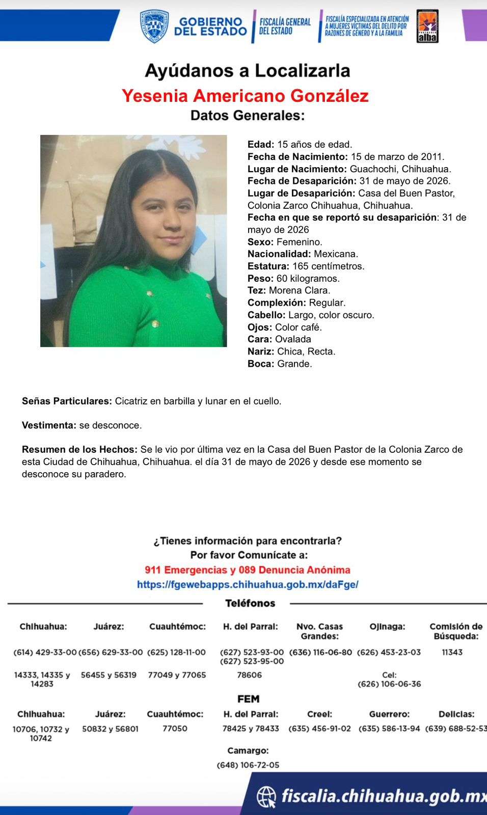 Buscan a jovencita de 15 años desaparecida en la Zarco