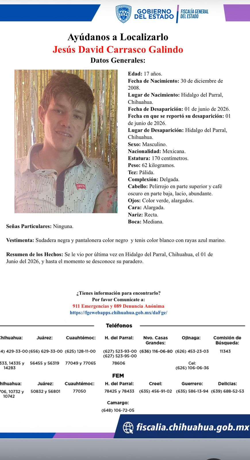 Buscan a jovencito desaparecido en Parral 