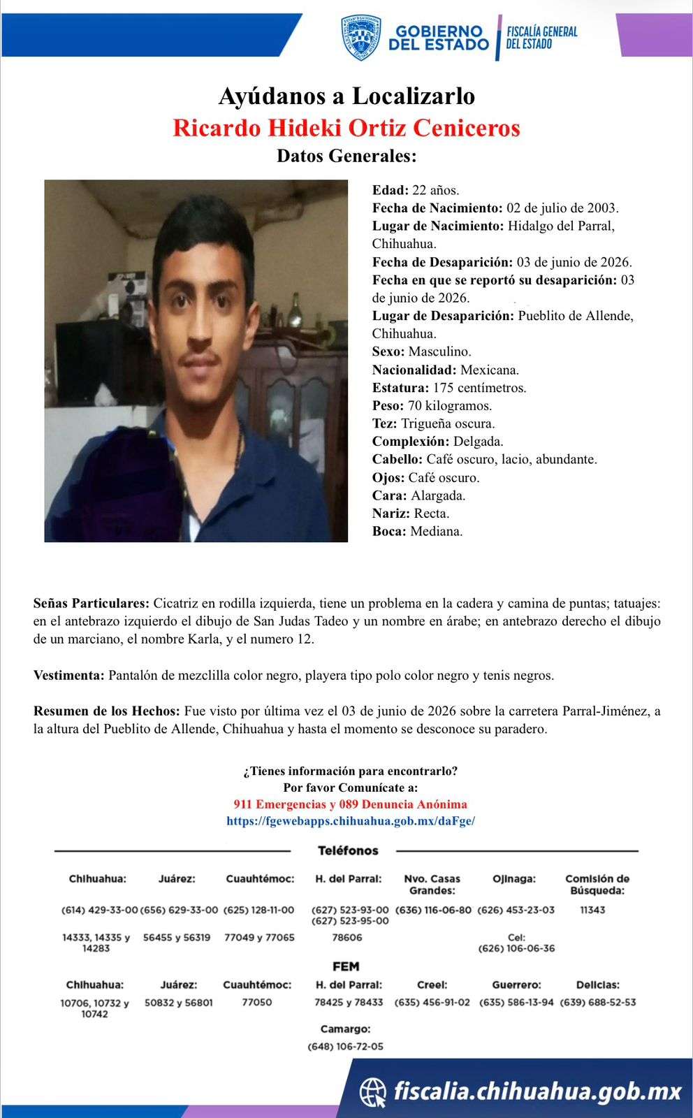 Desaparece joven en la carretera Parral–Jiménez