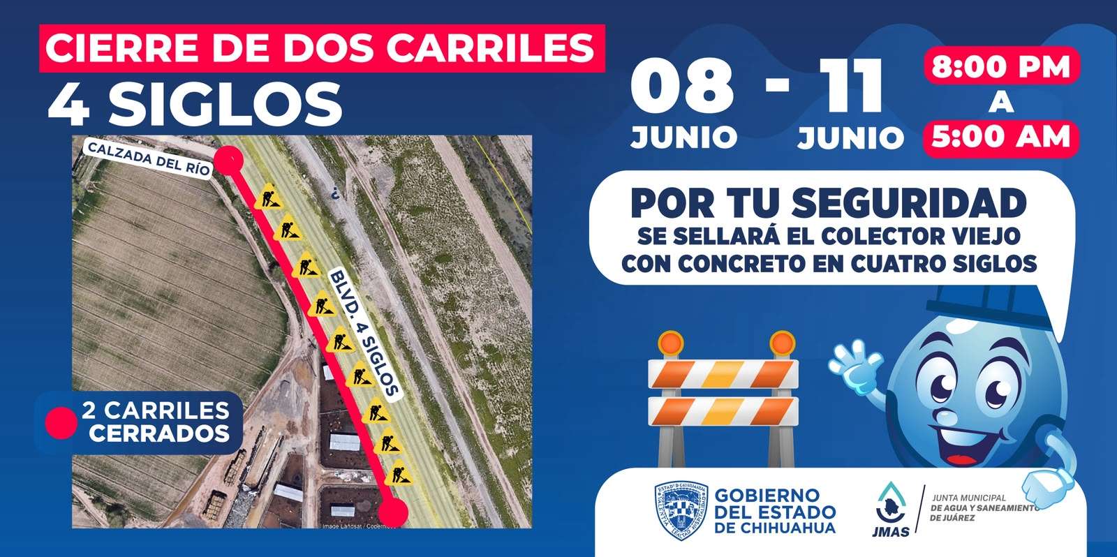 Cierran dos carriles del IV Siglos por obras para prevenir hundimientos